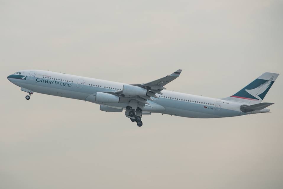 Cathay Pacific plane taking off the tarmac of the international airport in Hong Kong