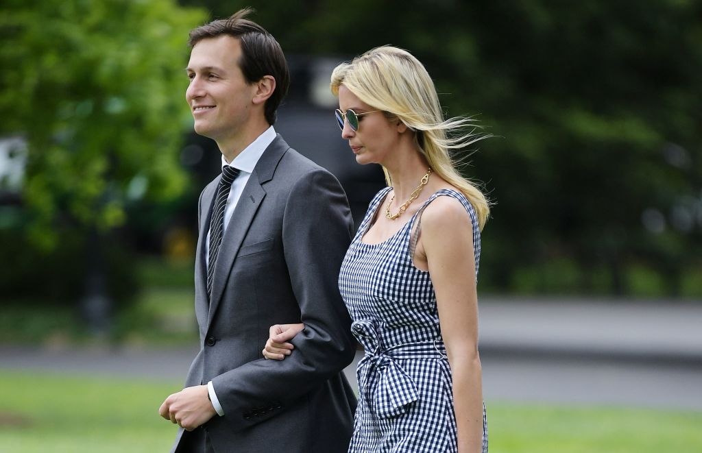 Jared Kushner and Ivanka Trump make their way across the South Lawn.