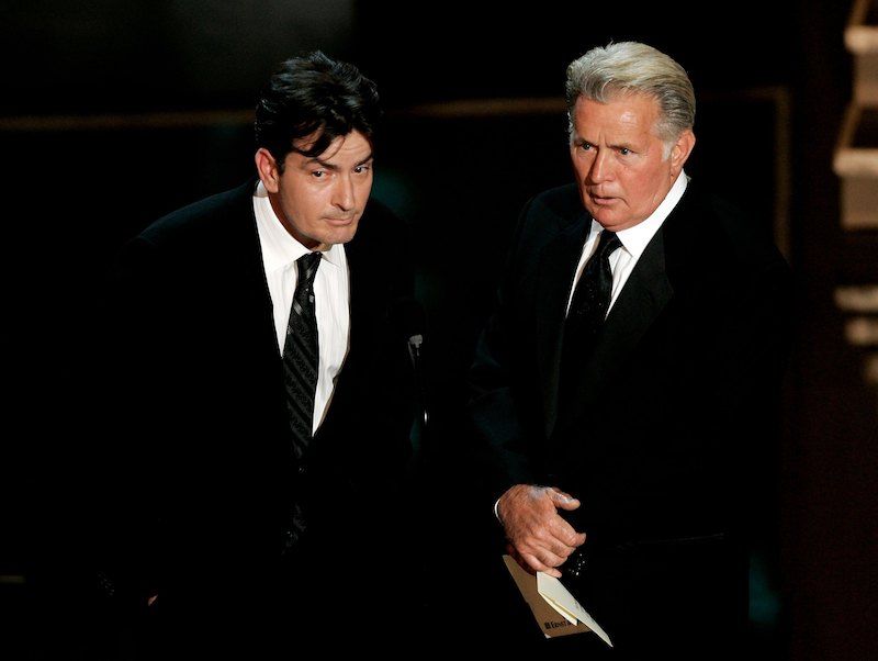 Martin Sheen and Charlie Sheen on stage together.