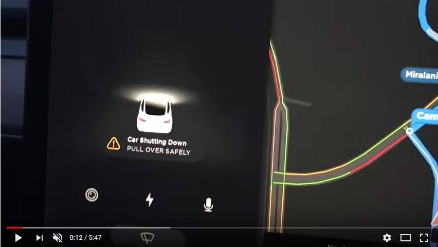 Screenshot of Model 3 shutting down on the road
