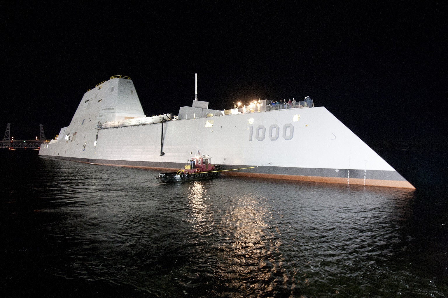 USS Zumwalt at night