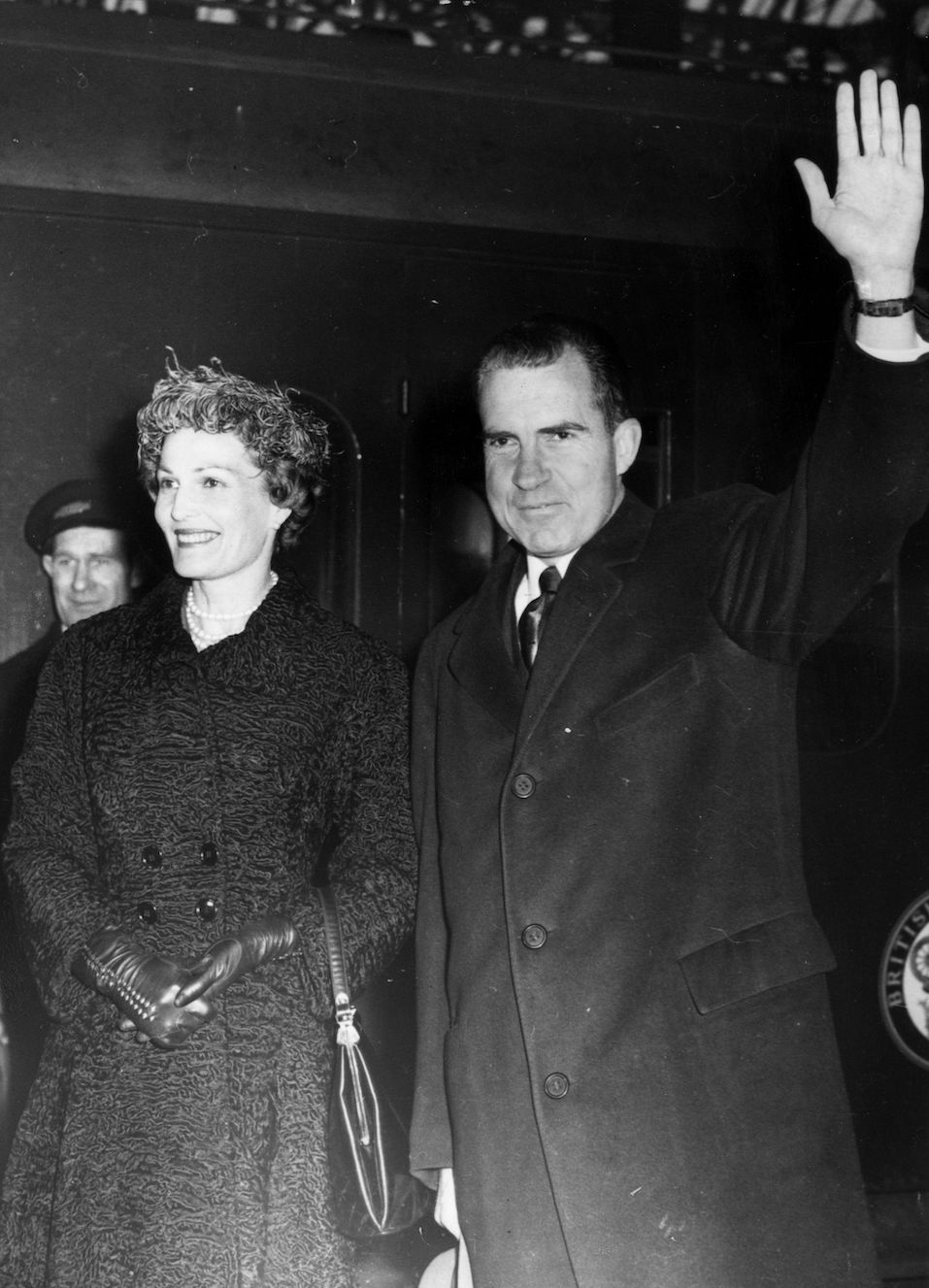 American Vice-President Richard Nixon and his wife Pat give a wave on their arrival at Victoria Station
