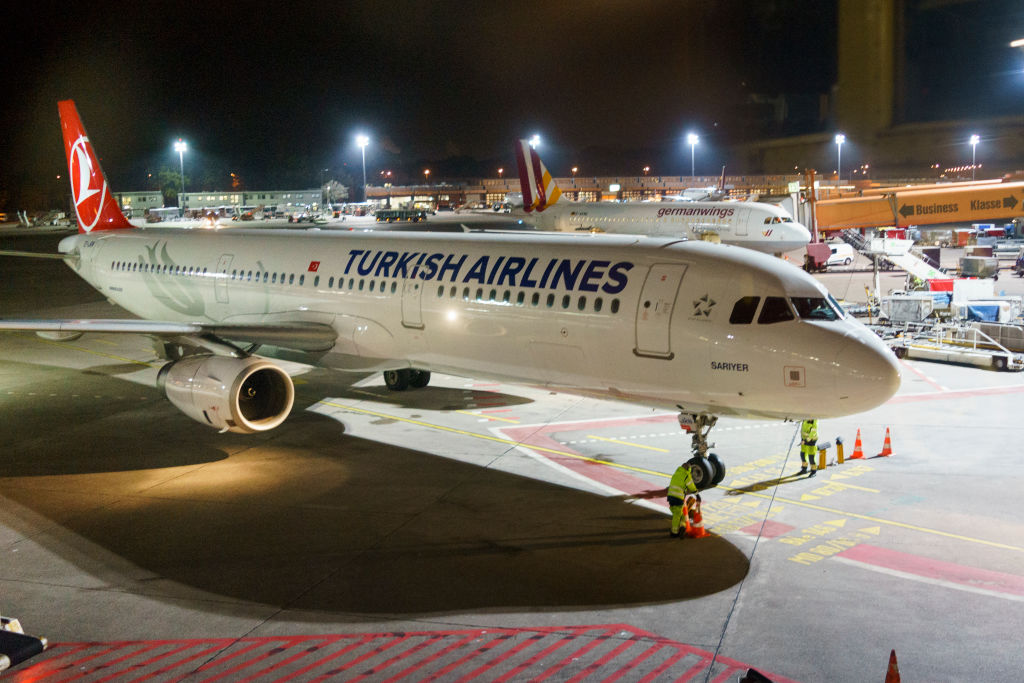 The Turkish Airlines aircraft operates on the runway