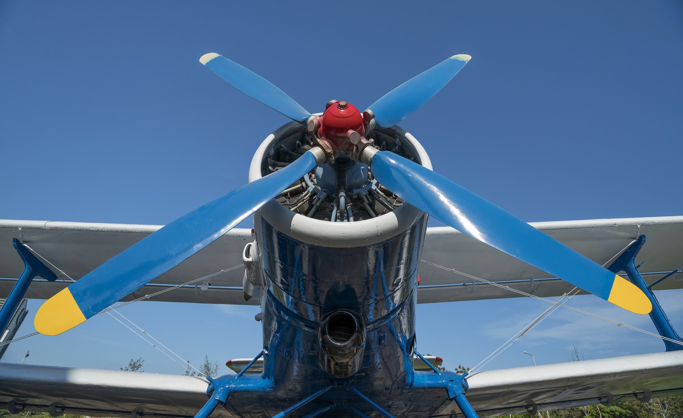 Blue and white airplane propeller