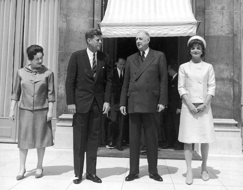 Presidents Kennedy, de Gaulle & wives in Paris, 6/1/61.