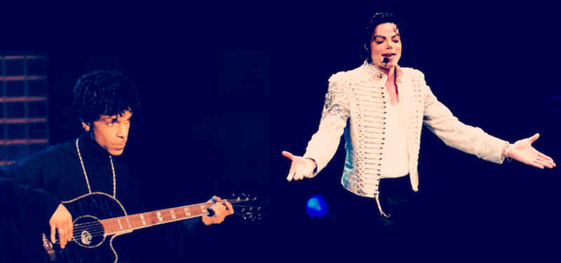 Prince and Michael Jackson performing on stage. Prince and Michael Jackson performing on stage.