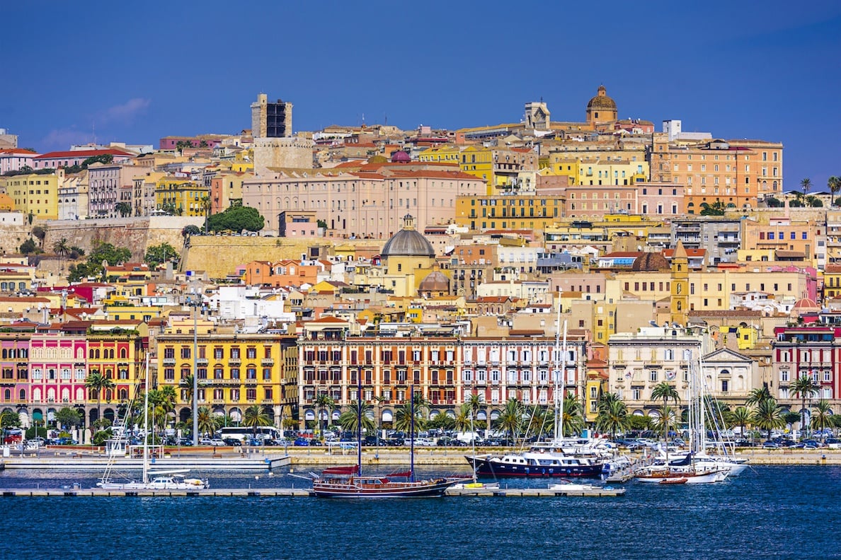 View from the water of the coastal town of Cagliari, Sardinia, Italy.