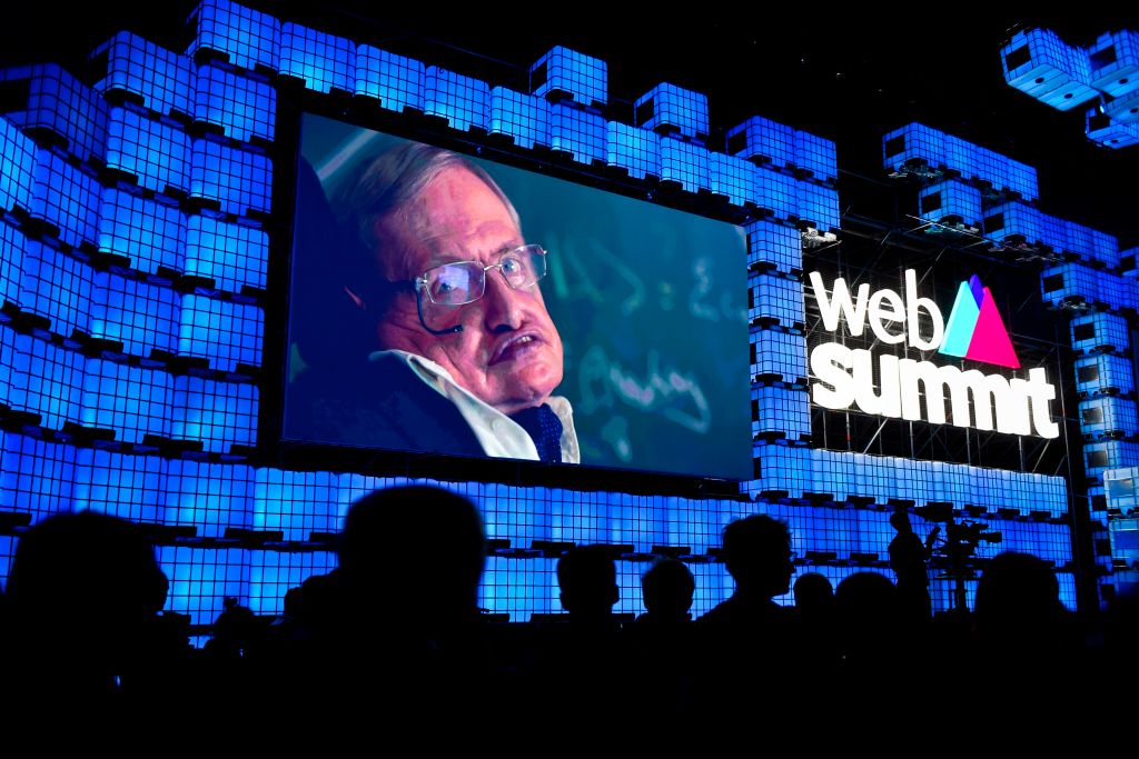 British cosmologist Stephen Hawking delivers a video message 