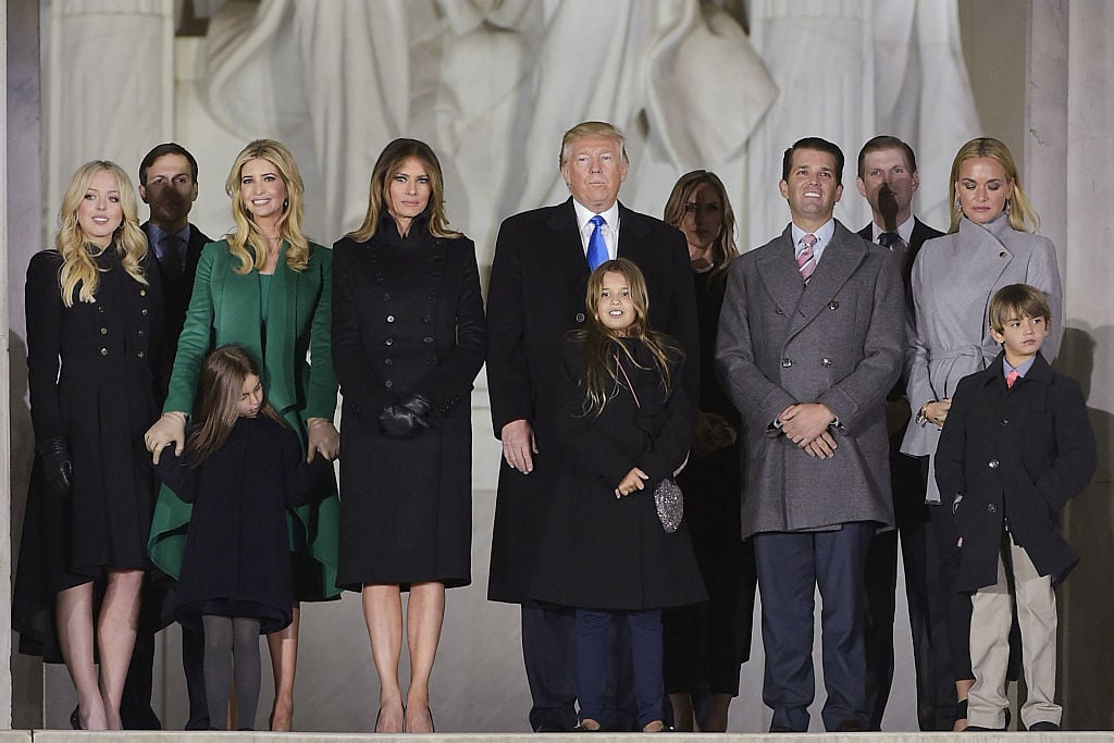 US President-elect Donald Trump and family pose at the end of a welcome celebration