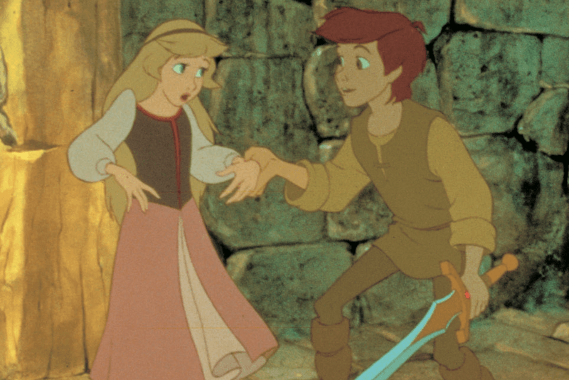 A girl and boy holding hands in 'The Black Cauldron'.