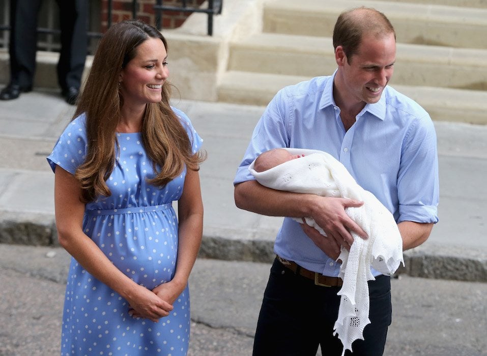 Prince William, Duke of Cambridge and Catherine, Duchess of Cambridge, depart The Lindo Wing with their newborn son Prince George of Cambridge at St Mary's Hospital