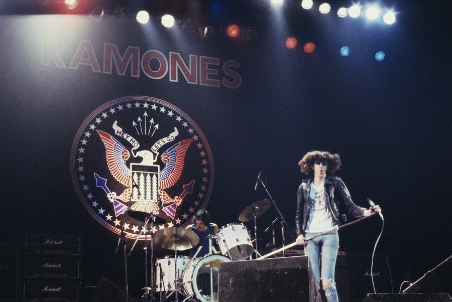 Joey Ramone (1951-2001), singer with US punk band the Ramones, performing Joey Ramone (1951-2001), singer with US punk band the Ramones, performing
