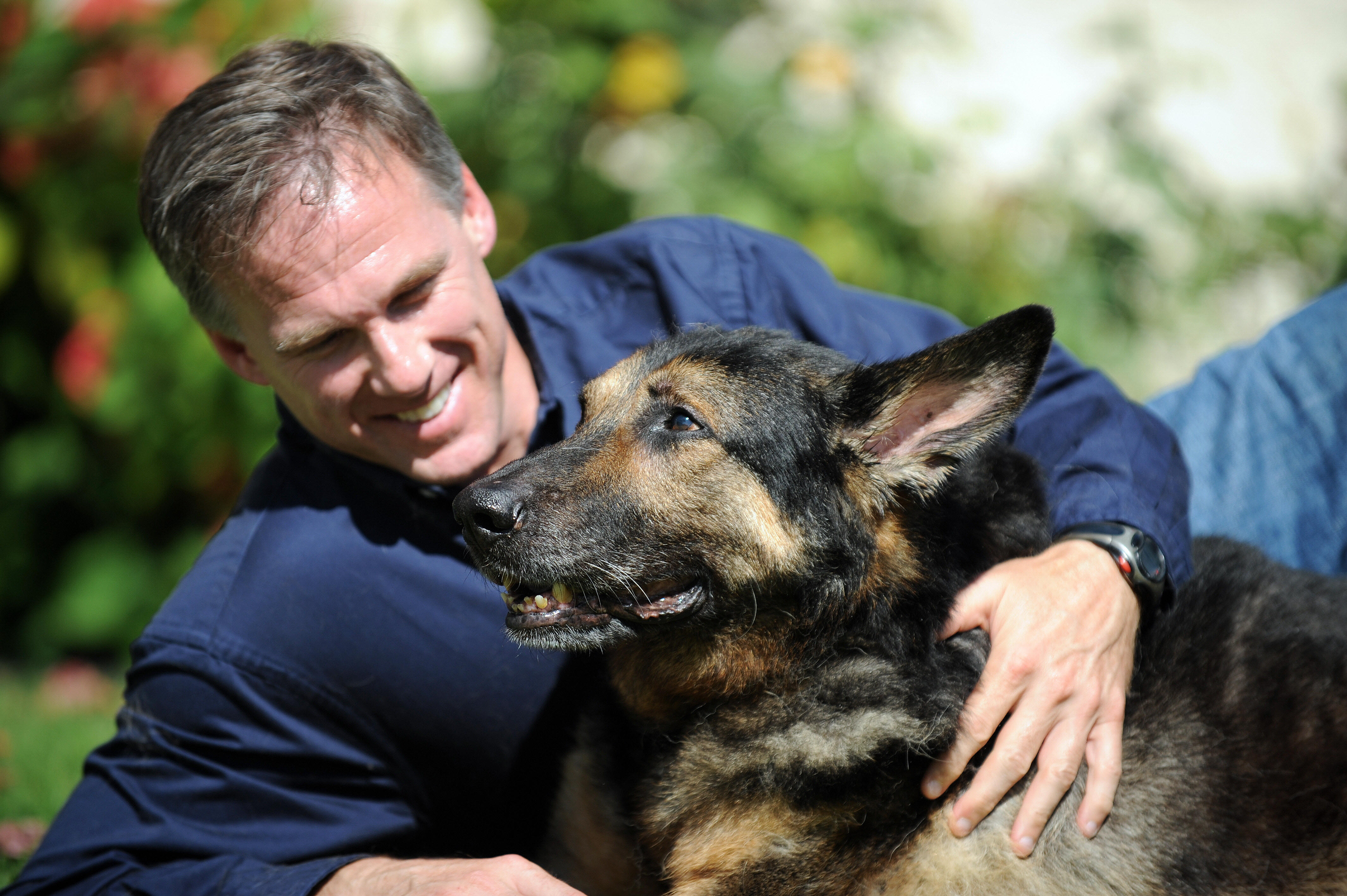 Trakr search and rescue dog lays with his owner