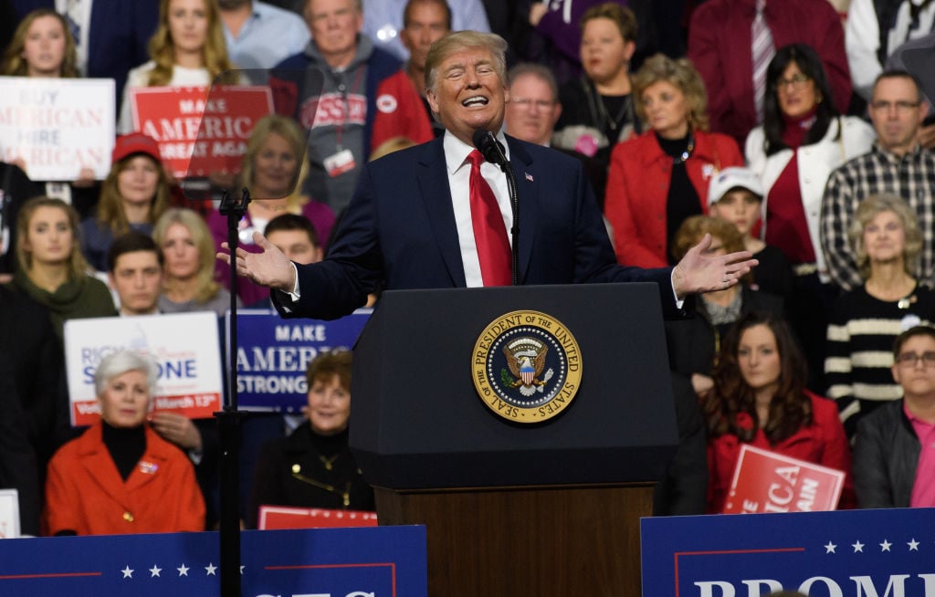 President Donald J. Trump speaks to supporters at the Atlantic Aviation Hanger