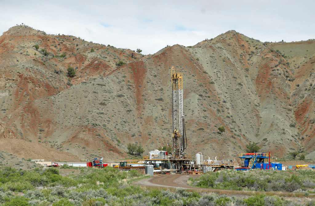 An oil drilling rig operates
