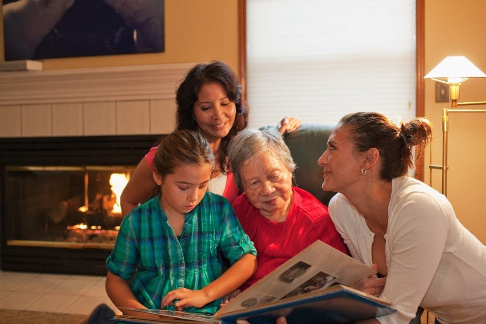 family looking at photo album