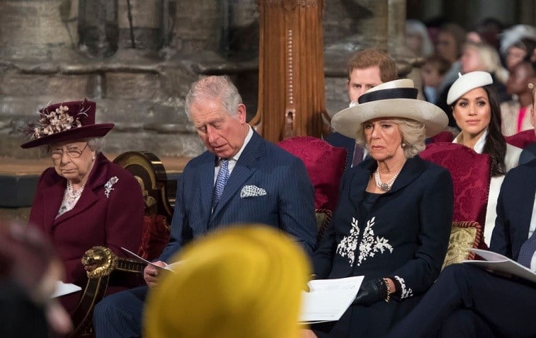 Queen Elizabeth II, Prince Charles, Prince of Wales, Camilla, Duchess of Cornwall, Prince Harry and Meghan Markle attend the Commonwealth Service at Westminster Abbey on March 12, 2018 in London, England.