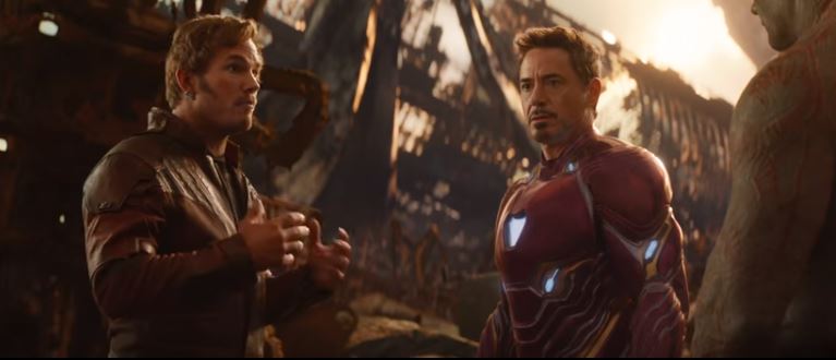 Star-Lord, Iron Man, and Drax in talking together in 'Avengers: Infinity War'.