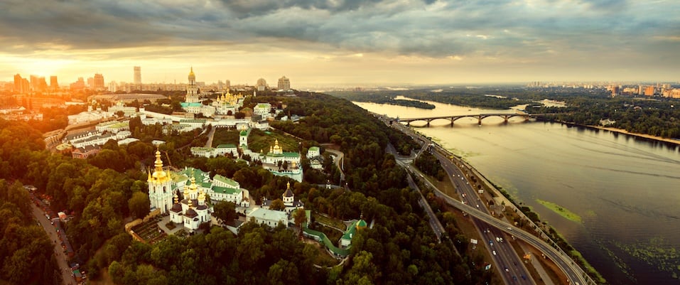 Panoramic view of Kiev Pechersk Lavra at sunset, Ukraine.