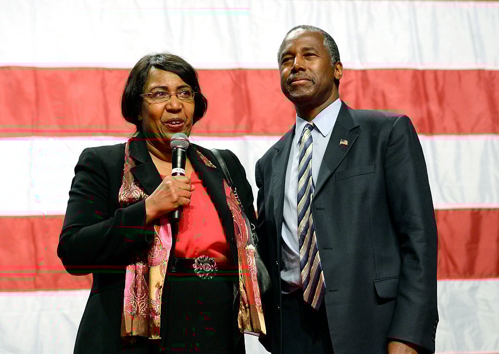 Candy Carson and Republican presidential candidate Ben Carson speak during a campaign rally
