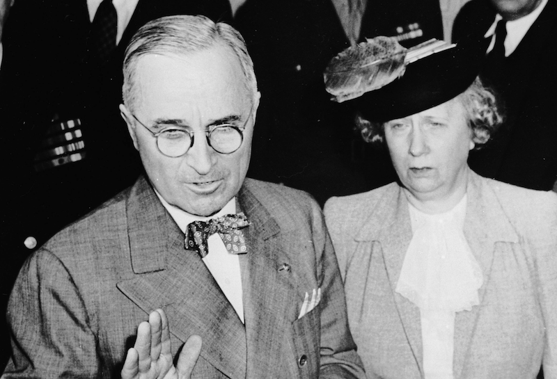 Harry S. Truman and Bess Truman standing closely together. Harry S. Truman and Bess Truman standing closely together.