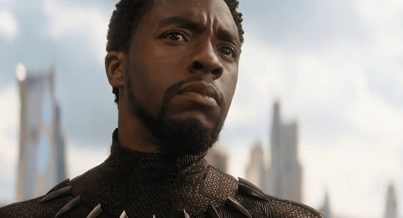The Black Panther looking concerned as he stares straight ahead. 