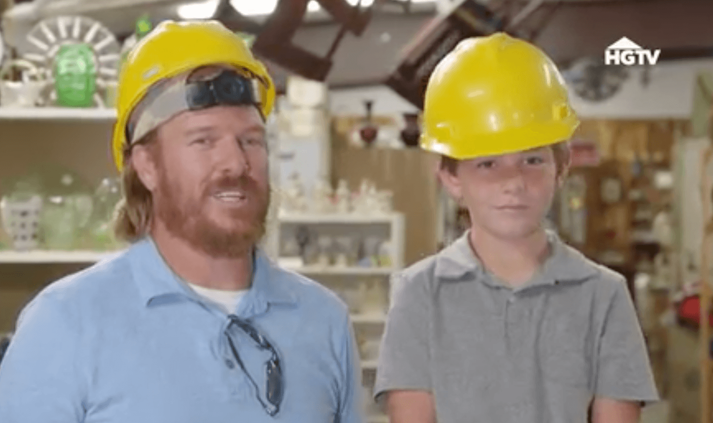Chip and Duke Gaines shopping in hard hats 