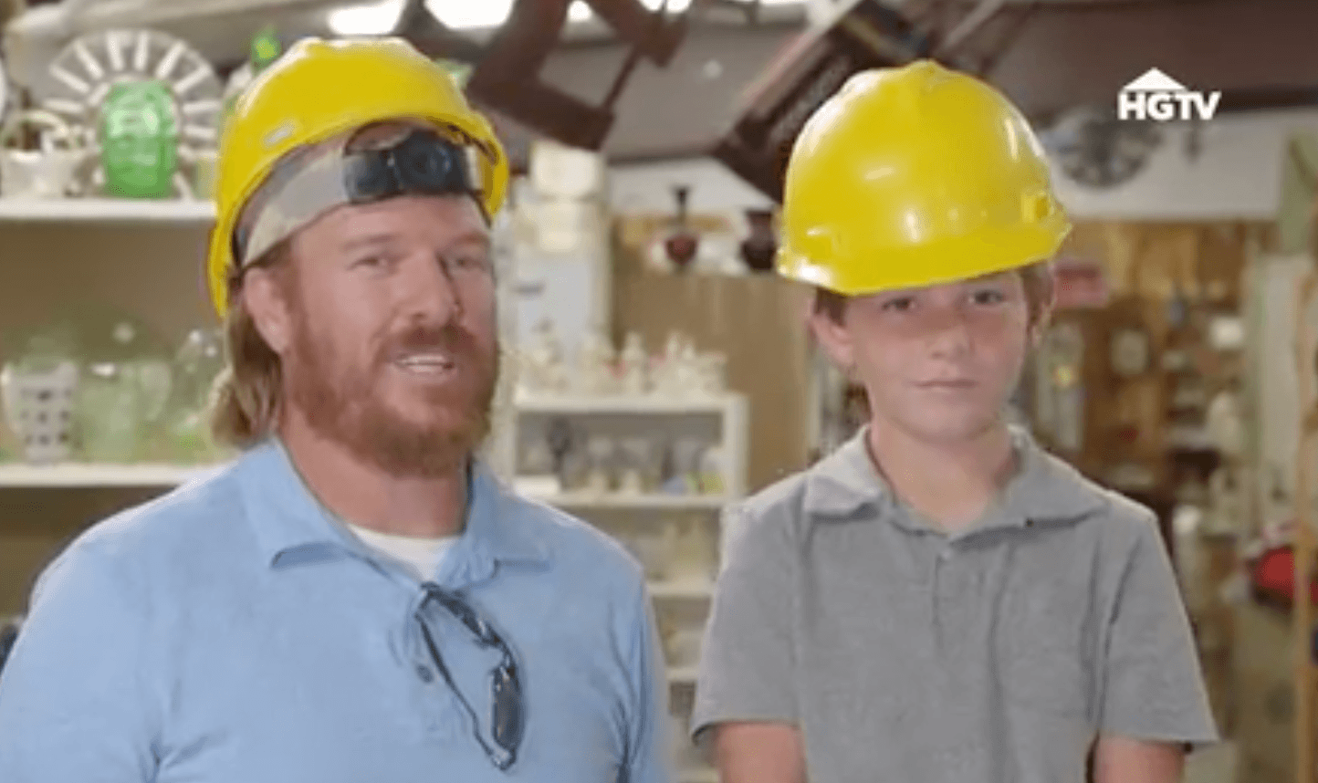 Chip and Duke Gaines shopping in hard hats