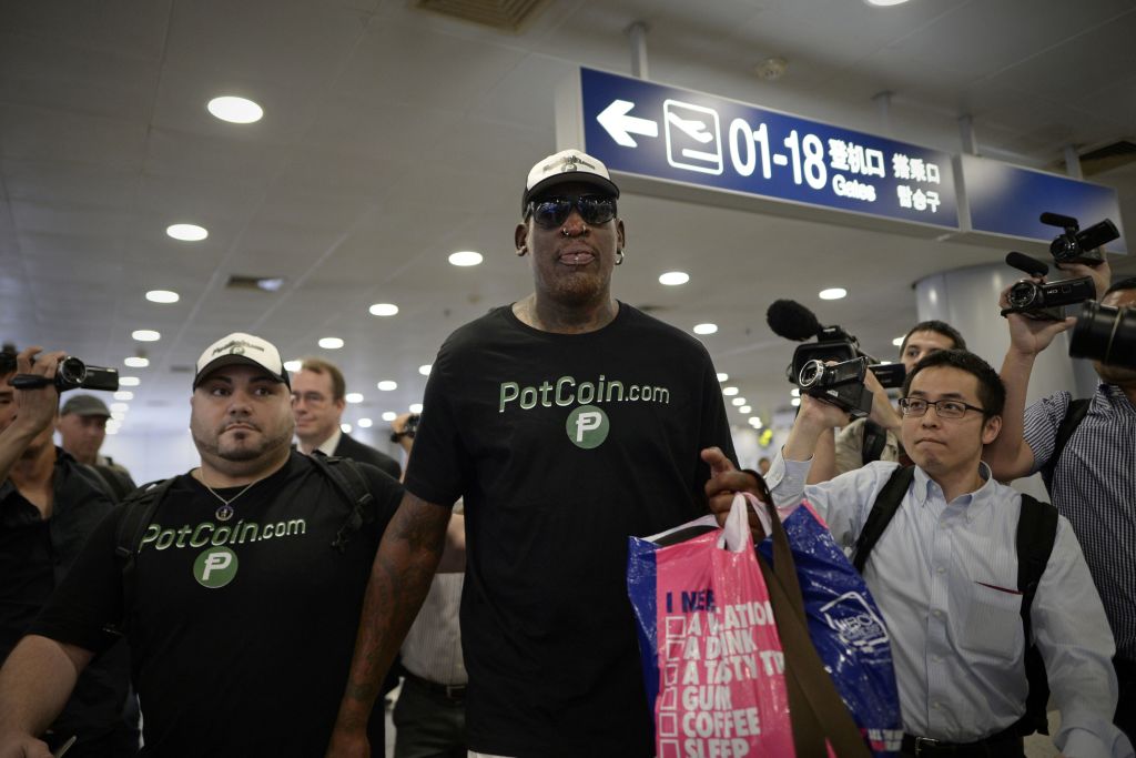 Dennis Rodman returns from North Korea in PotCoin tshirt