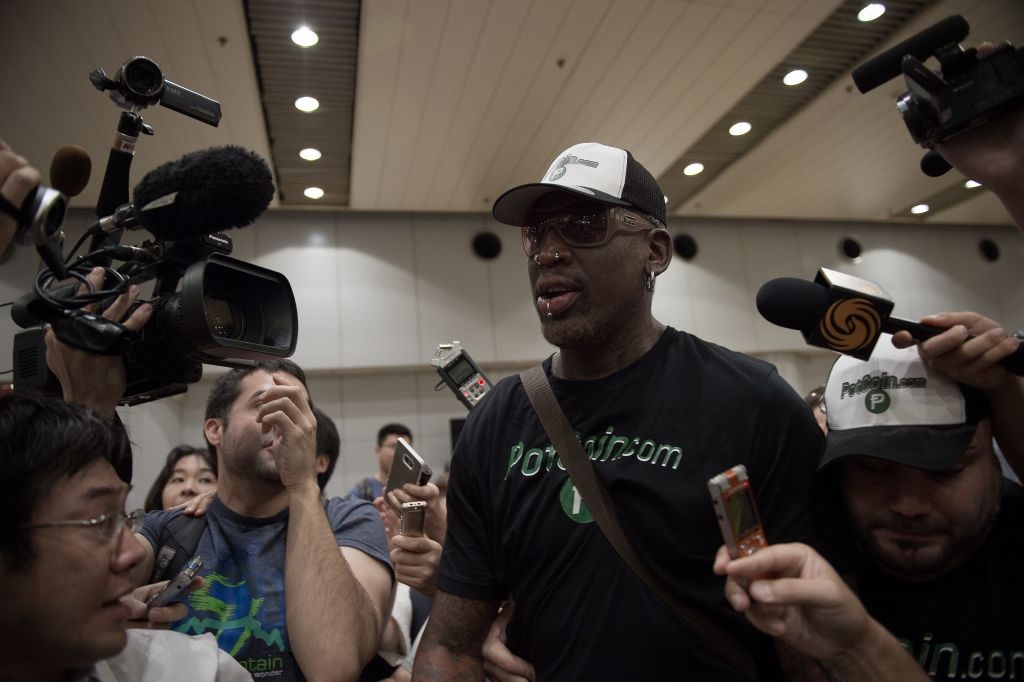 Dennis Rodman returns from North Korea in PotCoin tshirt