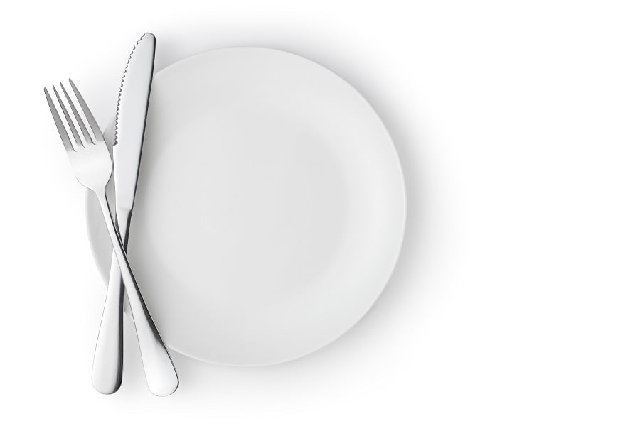 Fork and knife cross on a empty plate, Fork and knife cross on a empty plate,