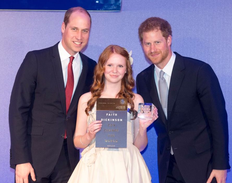 Faith Dickinson with Princes Harry and William Diana Award's royal wedding invitee