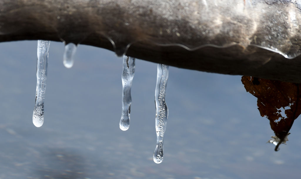 Drops of water ar falling from thawing icicles on the boards of lake