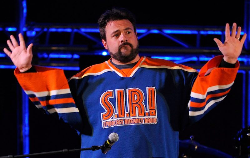 Writer/director Kevin Smith (L) and actor Jason Mewes perform their comedy podcast, "Jay & Silent Bob Get Old" at the Hard Rock Cafe on the Strip November 4, 2011 in Las Vegas, Nevada.