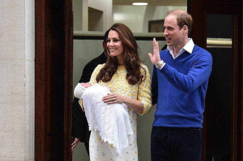 Britain's Prince William, Duke of Cambridge, and his wife Catherine, Duchess of Cambridge show their newly-born daughter, their second child, to the media outside the Lindo Wing at St Mary's Hospital in central London, on May 2, 2015. The Duchess of Cambridge was safely delivered of a daughter weighing 8lbs 3oz, Kensington Palace announced. The newly-born Princess of Cambridge is fourth in line to the British throne. AFP PHOTO / LEON NEAL (Photo credit should read LEON NEAL/AFP/Getty Images)