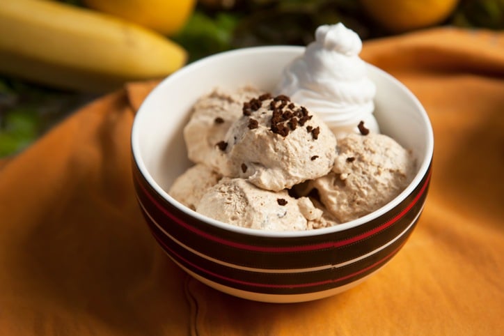 Coffee ice cream with cream in a bowl