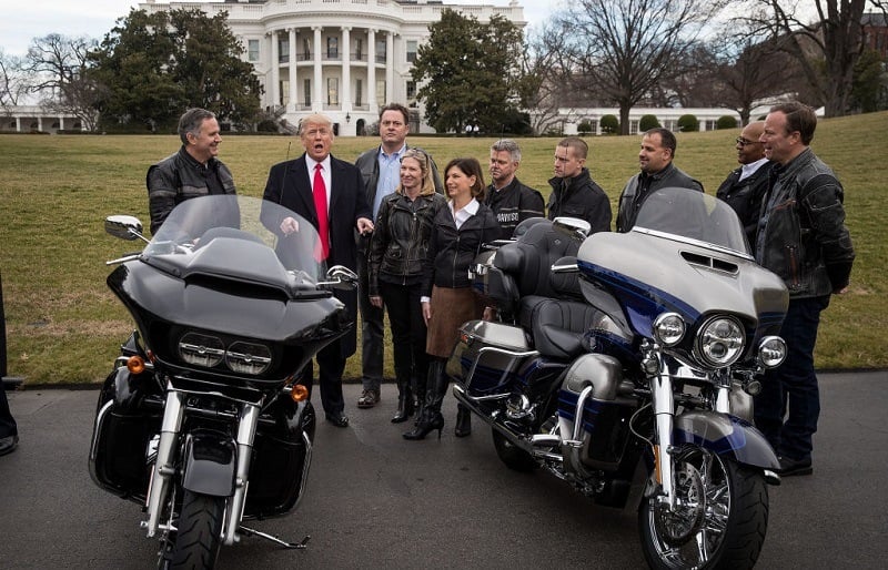 Trump with Harley Davidson executives and several motorcycles in February 2017