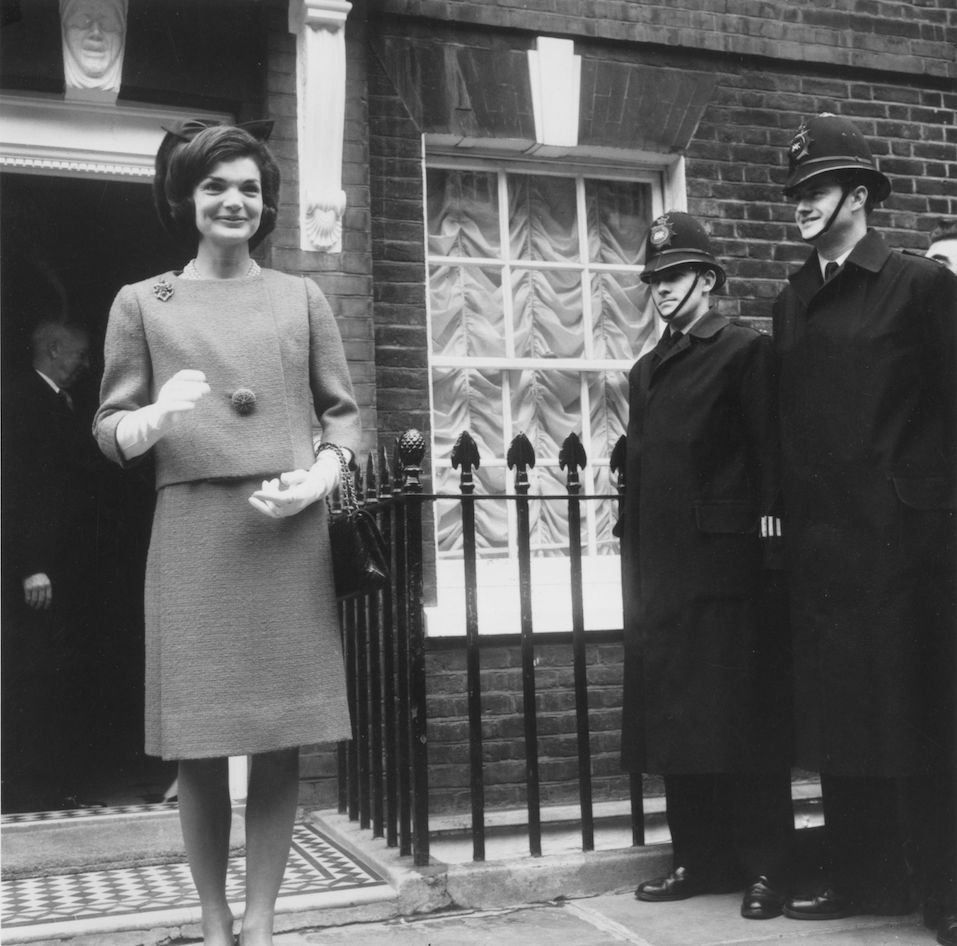 Jackie Kennedy wife of American president John F Kennedy, on her way to visit the Queen