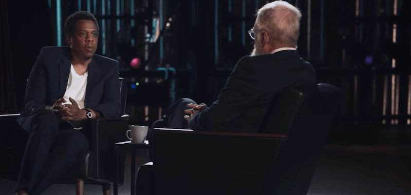 Jay-Z sits and talks to David Letterman. Jay-Z sits and talks to David Letterman.