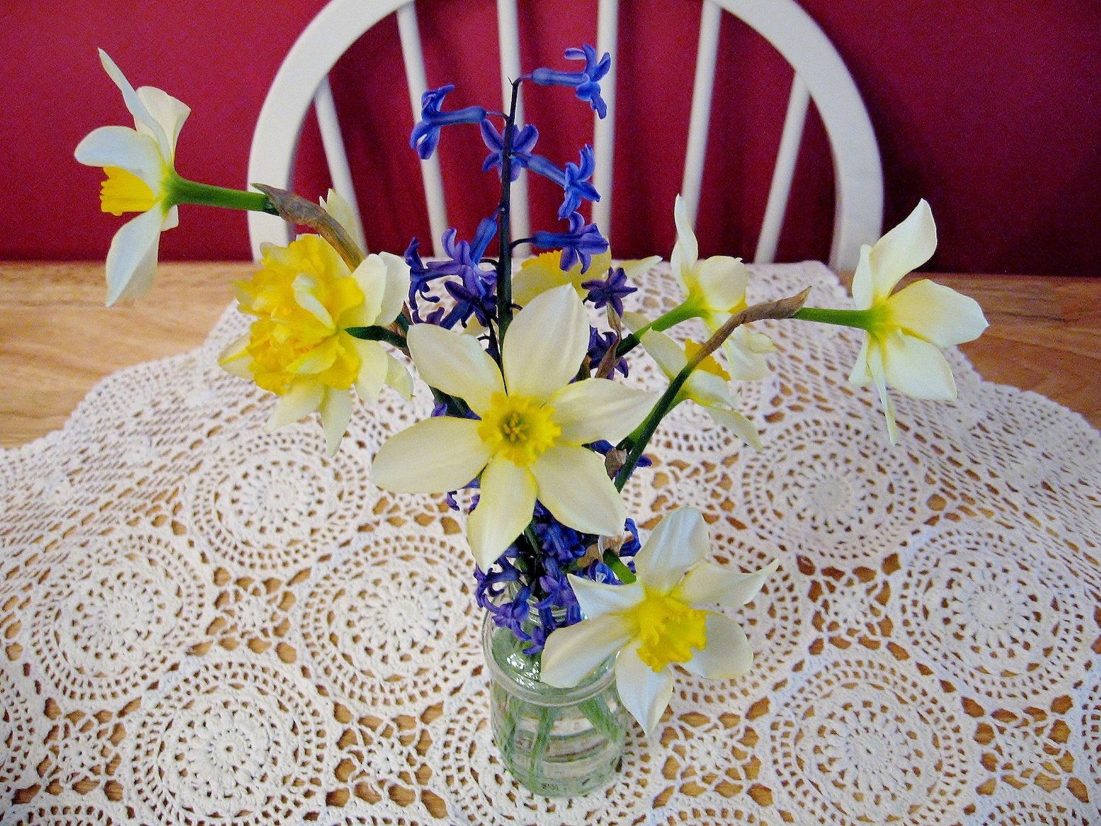 Daffodils and Hyacinth with Lace table cloth
