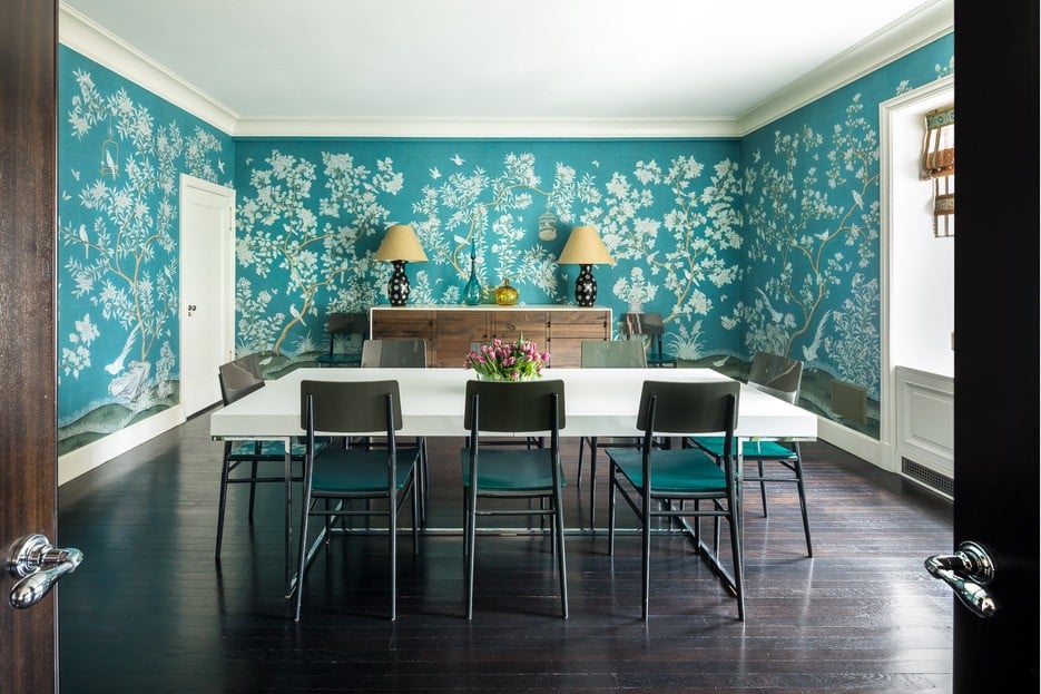 Dining room with blue and white wall paper