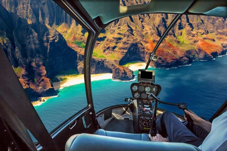 Helicopter cockpit flies in Na Pali coast, Kauai, Hawaii,