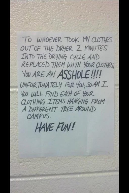 Neighbor note laundry interruption