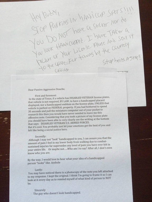 Neighbor note parking handicap