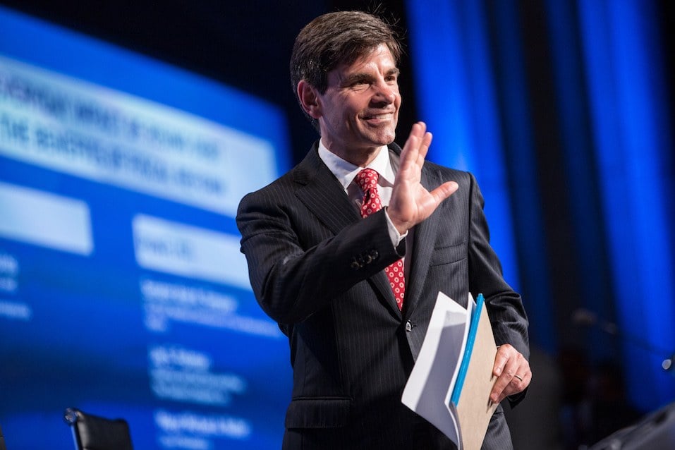 George Stephanopoulos, host of Good Morning America, walks on stage at the 2012 Fiscal Summit