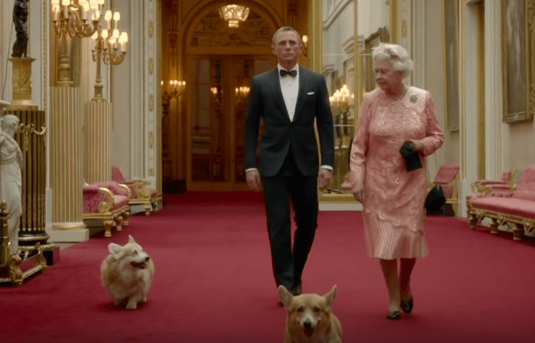Queen Elizabeth, James Bond, and her corgis
