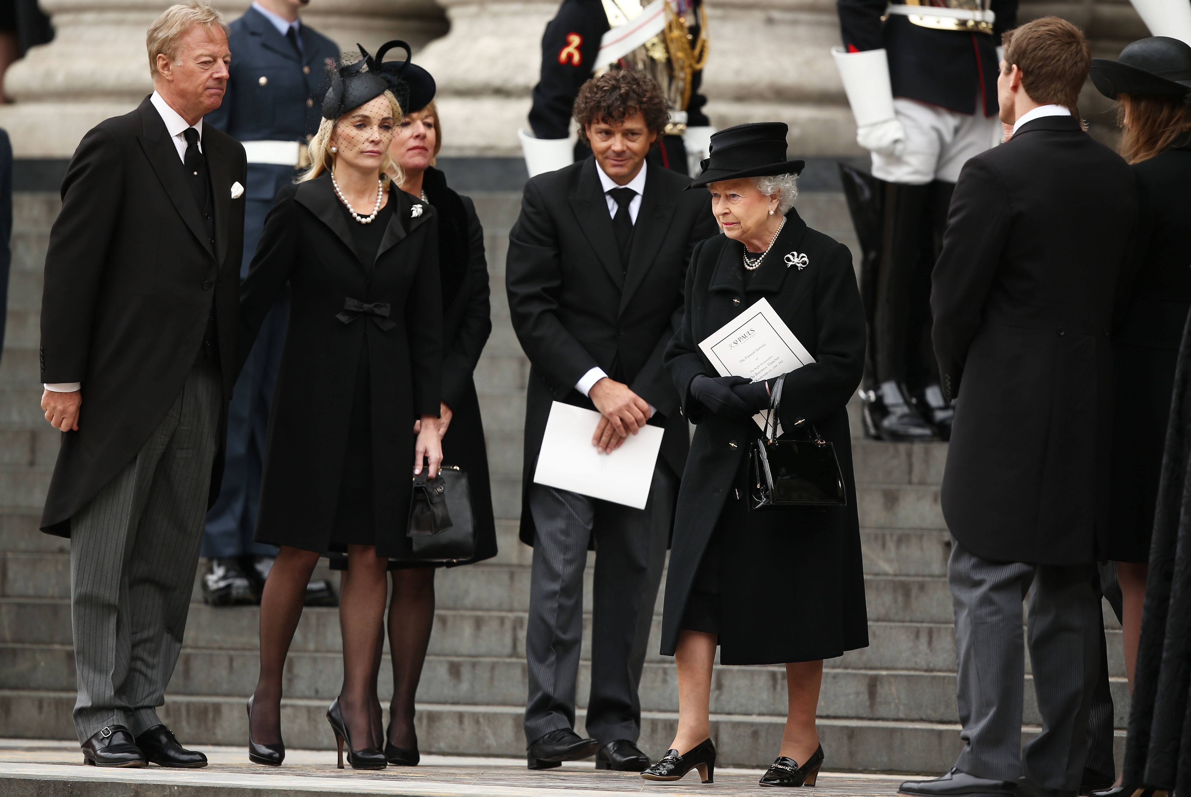 Queen Elizabeth at The Ceremonial Funeral Of Former British Prime Minister Baroness Thatcher