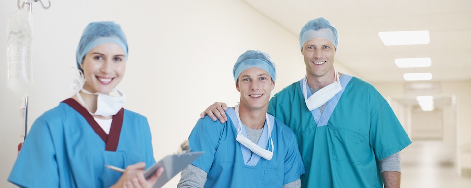 Surgeons in hospital corridor