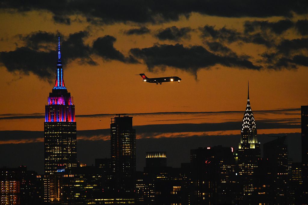 The Empire State Building is lit in colors of the FC Barcelona football club