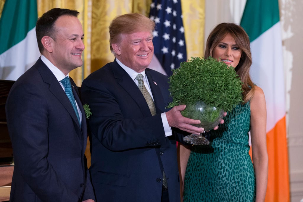 Donald Trump with the Irish Prime Minister holding shamrocks